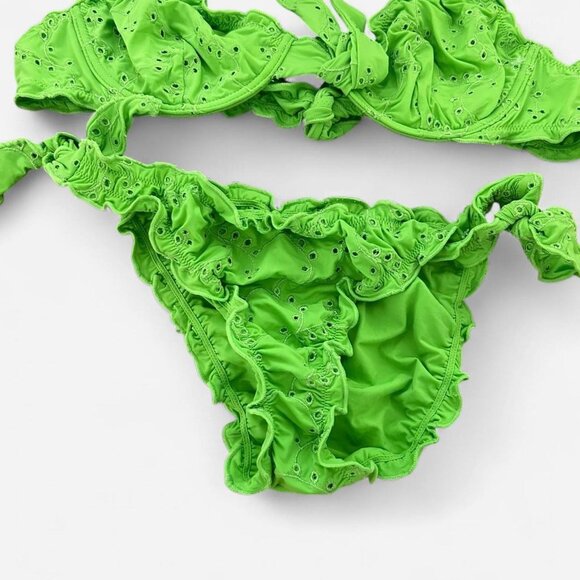 Bright green y2k scrunch frilly romantic eyelet bow European summer bikini M - Picture 4 of 7